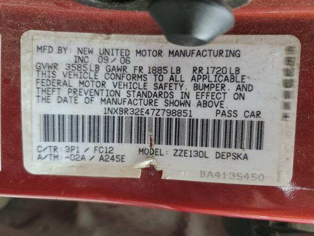 1NXBR32E47Z798851 - 2007 TOYOTA COROLLA CE RED photo 12