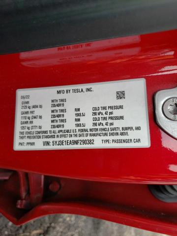 5YJ3E1EA9NF290382 - 2022 TESLA MODEL 3 RED photo 12