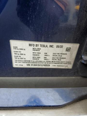 5YJSA1E41LF400534 - 2020 TESLA MODEL S 蓝色 照片 12