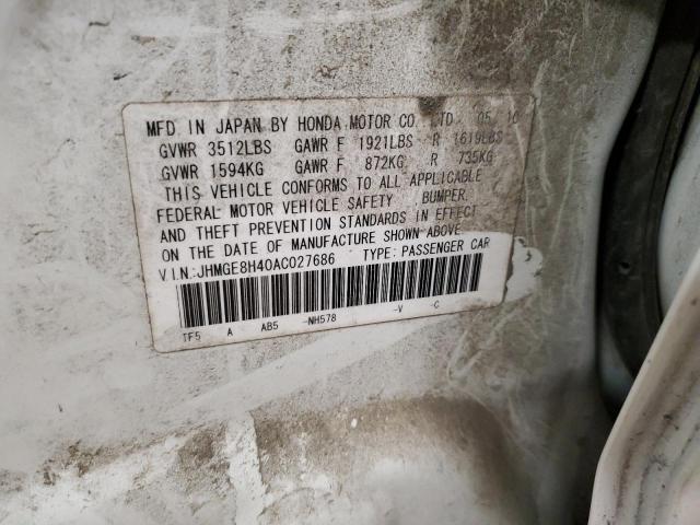 JHMGE8H40AC027686 - 2010 HONDA FIT SPORT WHITE photo 12