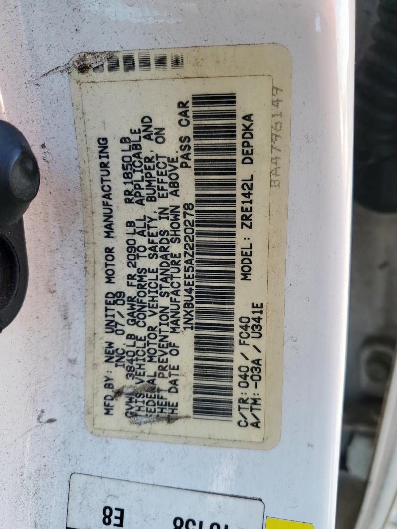 1NXBU4EE5AZ220278 - 2010 TOYOTA COROLLA BASE WHITE photo 12