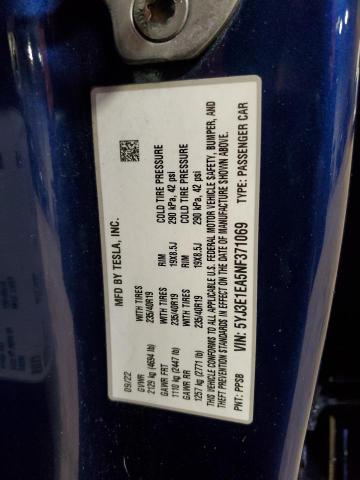 5YJ3E1EA5NF371069 - 2022 TESLA MODEL 3 BLUE photo 13