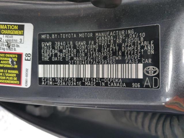 2T1BU4EE7AC399165 - 2010 TOYOTA COROLLA BASE رمادي صورة 13