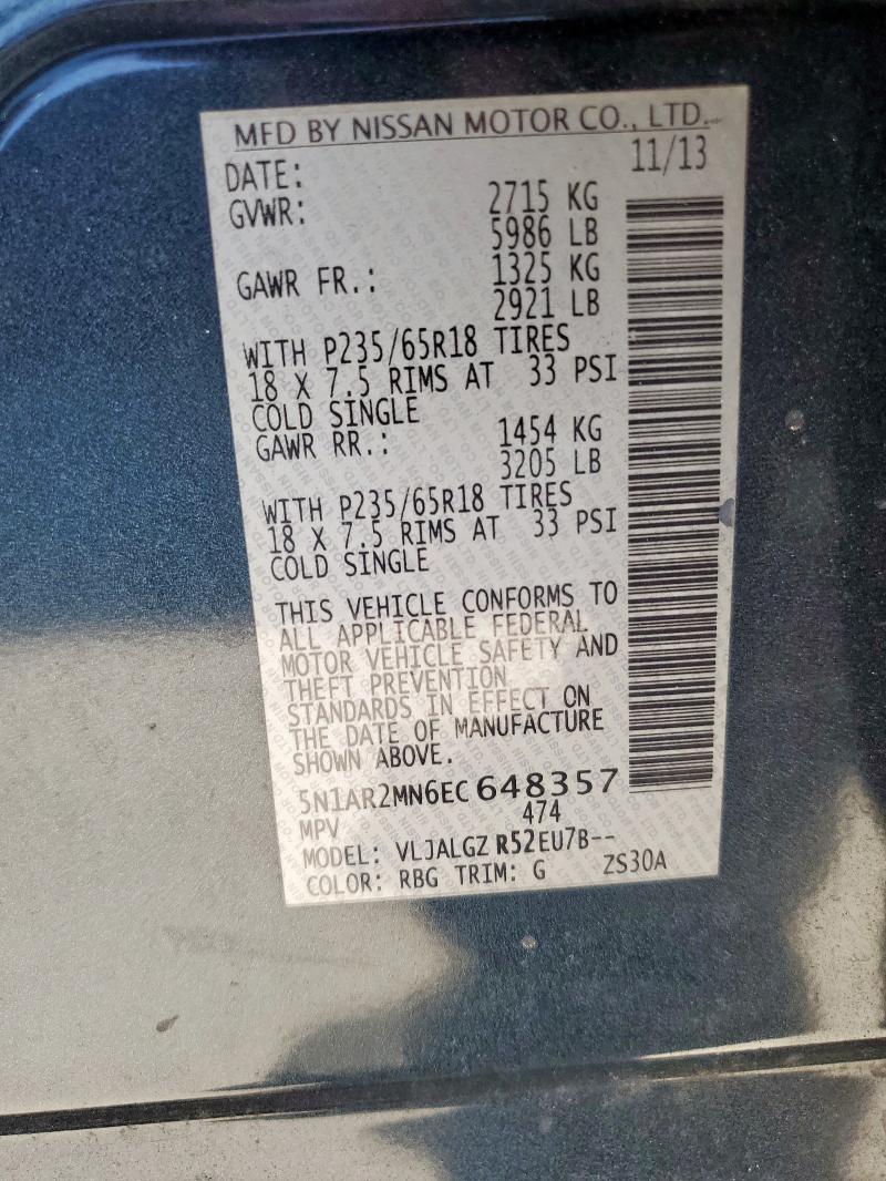 5N1AR2MN6EC648357 - 2014 NISSAN PATHFINDER S BLUE photo 14