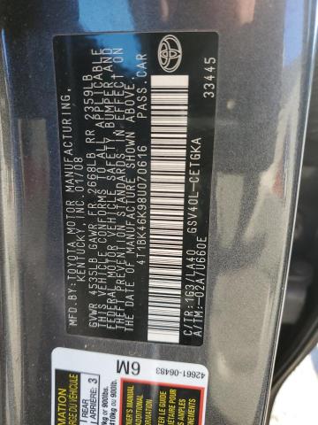 4T1BK46K98U070616 - 2008 TOYOTA CAMRY LE ნაცრისფერი ფოტო 12