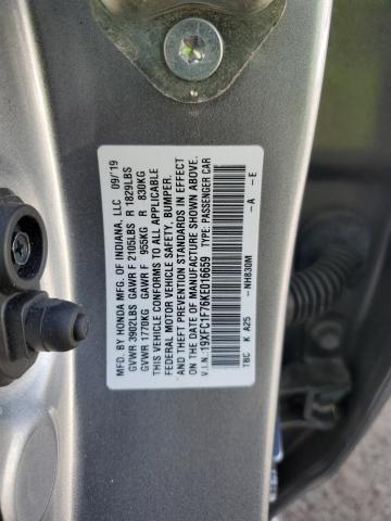 19XFC1F76KE016659 - 2019 HONDA CIVIC EXL Արծաթագույն լուսանկար 12