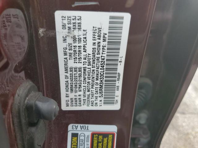 5J6RM3H33CL045247 - 2012 HONDA CR-V LX BURGUNDY photo 13
