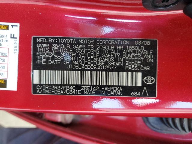 JTDBL40E09J012577 - 2009 TOYOTA COROLLA BASE RED photo 12