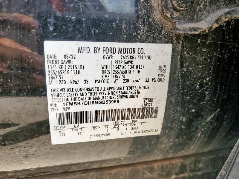 1FMSK7DH6NGB53956 - 2022 FORD EXPLORER XLT BLACK photo 14