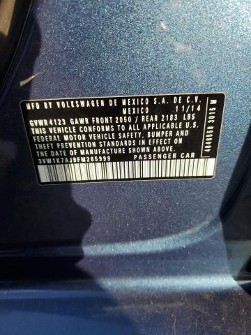 3VW1K7AJ9FM265999 - 2015 VOLKSWAGEN JETTA BASE BLUE photo 12