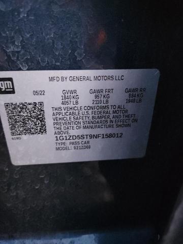 1G1ZD5ST9NF158012 - 2022 CHEVROLET MALIBU LT 蓝色 照片 12