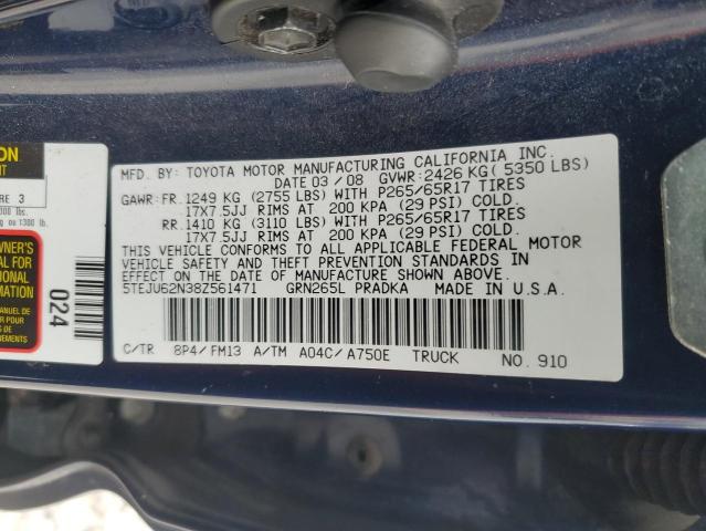 5TEJU62N38Z561471 - 2008 TOYOTA TACOMA DOUBLE CAB PRERUNNER BLUE photo 12