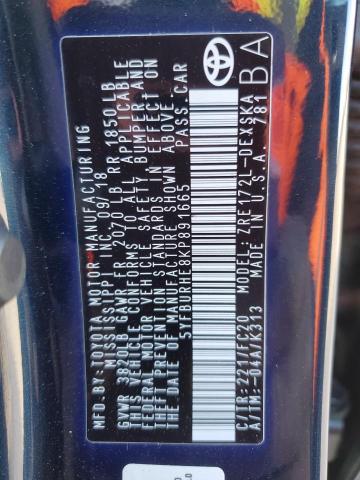 5YFBURHE8KP891665 - 2019 TOYOTA COROLLA L ლურჯი ფოტო 12