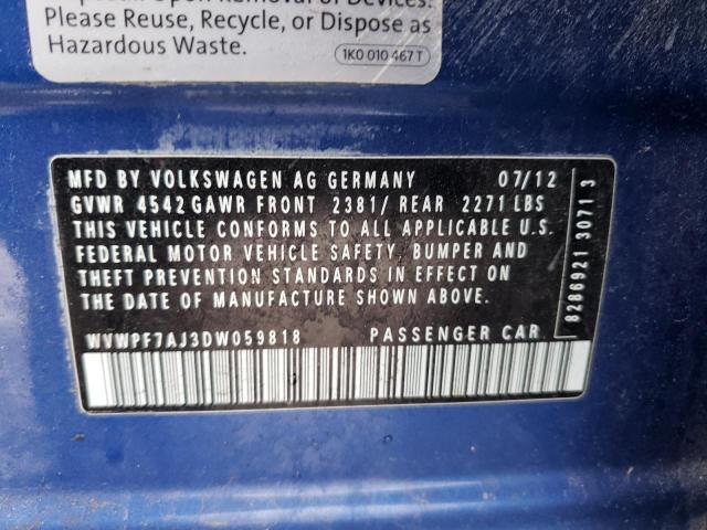 WVWPF7AJ3DW059818 - 2013 VOLKSWAGEN GOLF R Синий фото 12
