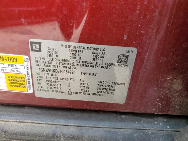 1GNKVGKD7FJ164925 - 2015 CHEVROLET TRAVERSE LT ბურგუნდია ფოტო 13