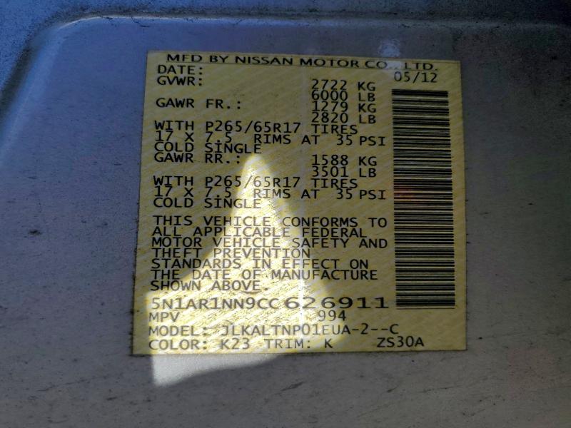 5N1AR1NN9CC626911 - 2012 NISSAN PATHFINDER S SILVER photo 12