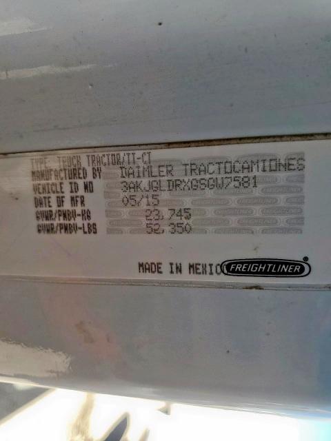 3AKJGLDRXGSGW7581 - 2016 FREIGHTLINER CASCADIA 1 Ağ foto 10
