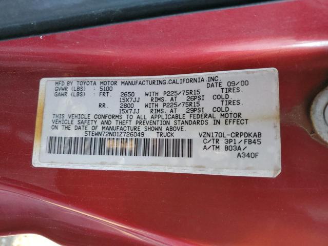 5TEWN72N01Z726049 - 2001 TOYOTA TACOMA XTRACAB წითელი ფოტო 12