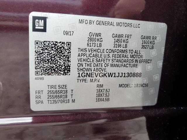 1GNEVGKW1JJ130888 - 2018 CHEVROLET TRAVERSE LT BURGUNDY photo 13