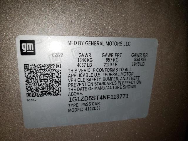 1G1ZD5ST4NF113771 - 2022 CHEVROLET MALIBU LT TAN photo 12