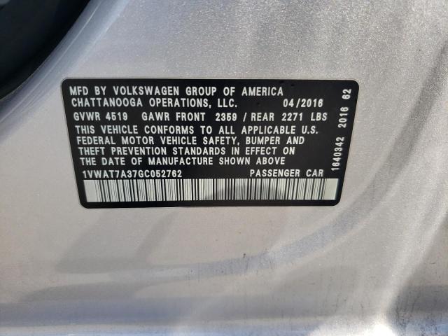 1VWAT7A37GC052762 - 2016 VOLKSWAGEN PASSAT S SILVER photo 12