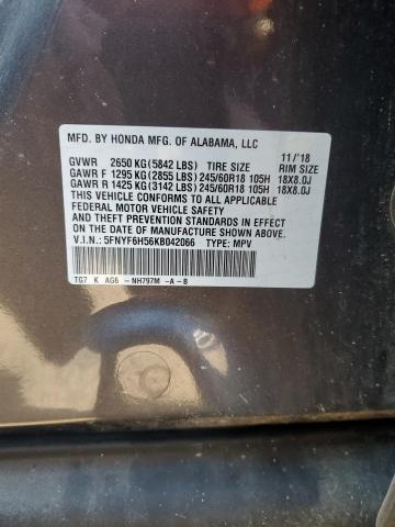 5FNYF6H56KB042066 - 2019 HONDA PILOT EXL SILVER photo 13