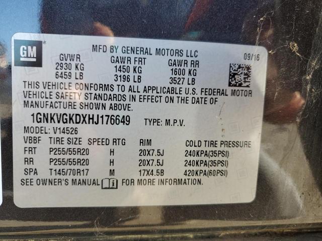 1GNKVGKDXHJ176649 - 2017 CHEVROLET TRAVERSE LT BLACK photo 13