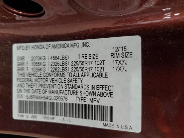 5J6RM4H54GL020676 - 2016 HONDA CR-V EX MAROON photo 14
