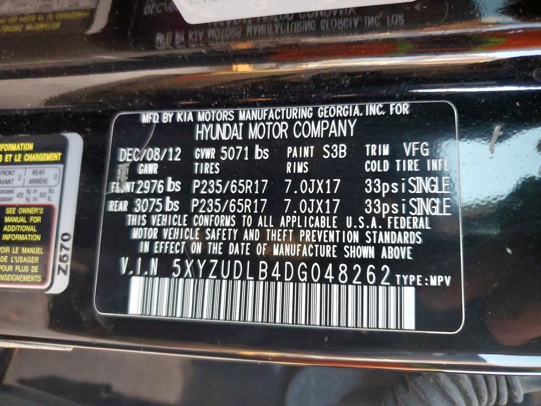 5XYZUDLB4DG048262 - 2013 HYUNDAI SANTA FE S 黑色 照片 13