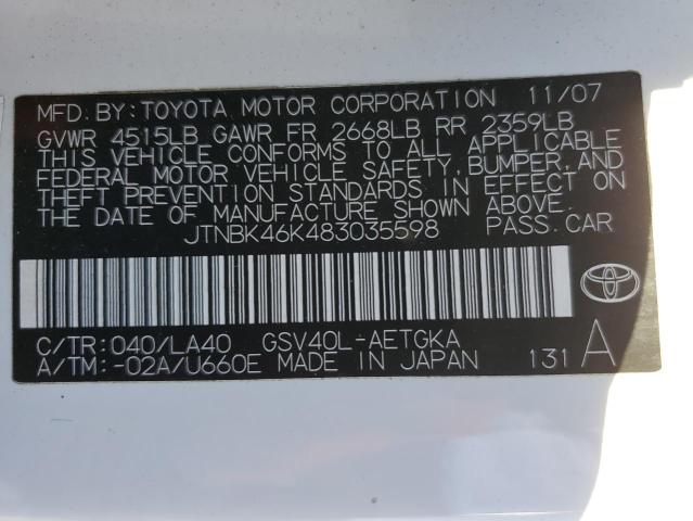 JTNBK46K483035598 - 2008 TOYOTA CAMRY LE 白色 照片 12
