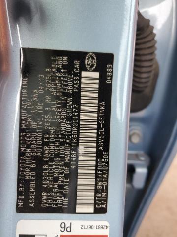 4T4BF1FK6DR304472 - 2013 TOYOTA CAMRY L ლურჯი ფოტო 12