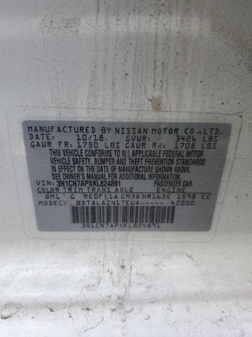 3N1CN7APXKL824891 - 2019 NISSAN VERSA S 白色 照片 12