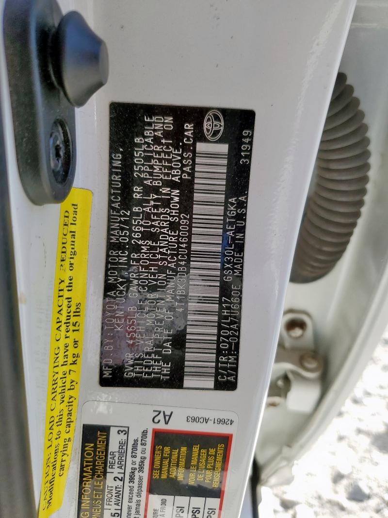 4T1BK3DB4CU460092 - 2012 TOYOTA AVALON BASE Белый фото 12