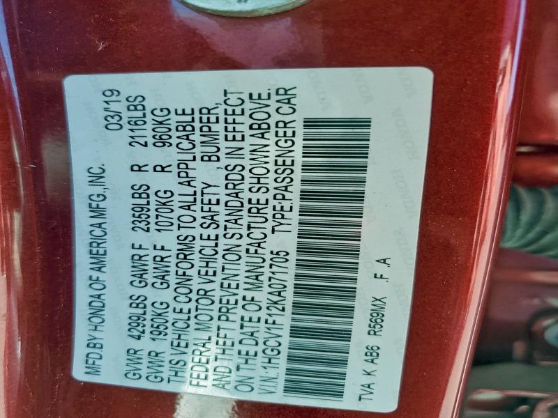 1HGCV1F12KA071705 - 2019 HONDA ACCORD LX Rot Foto 13