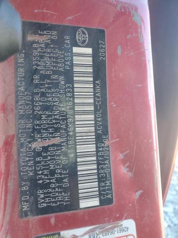 4T1BE46K97U162833 - 2007 TOYOTA CAMRY CE Қызыл фото 12