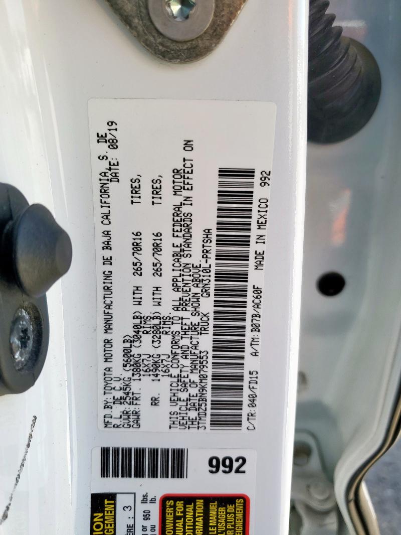 3TMDZ5BN9KM079553 - 2019 TOYOTA TACOMA DOUBLE CAB Blanco foto 12