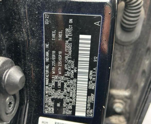 5TDHZRBHXMS539180 - 2021 TOYOTA HIGHLANDER XLE BLACK photo 10