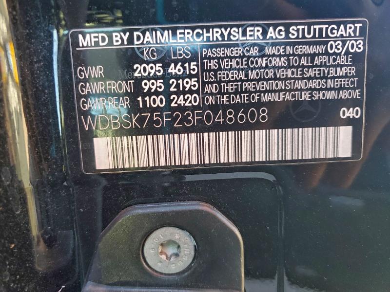 WDBSK75F23F048608 - 2003 MERCEDES-BENZ SL 500R 黑色 照片 12