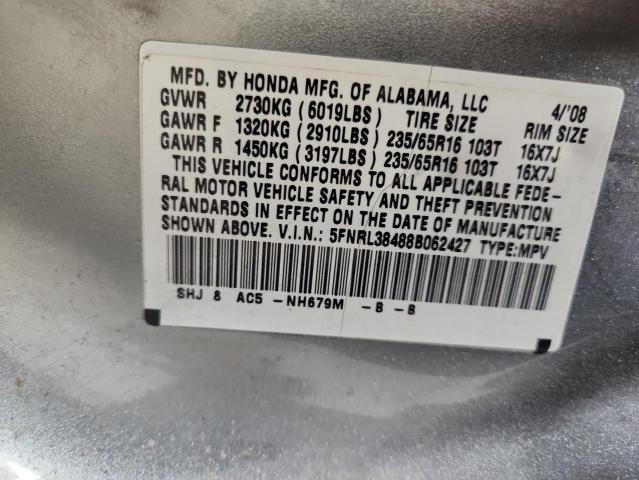 5FNRL38488B062427 - 2008 HONDA ODYSSEY EX SILVER photo 13