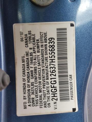 2HGFG12637H556839 - 2007 HONDA CIVIC LX BLUE photo 12