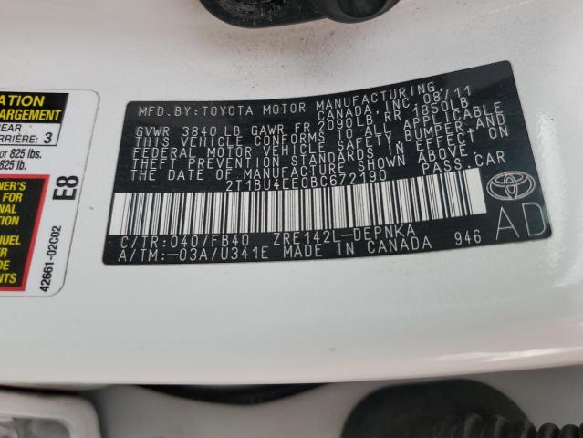 2T1BU4EE0BC672190 - 2011 TOYOTA COROLLA BASE WHITE photo 12