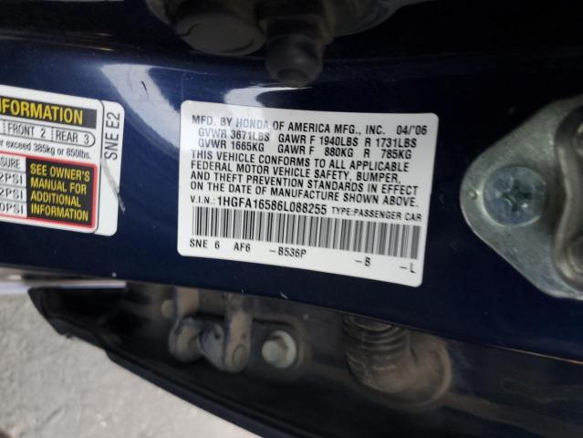 1HGFA16586L088255 - 2006 HONDA CIVIC LX 蓝色 照片 12