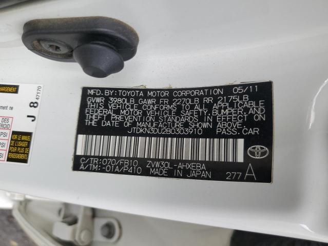 JTDKN3DU2B0303910 - 2011 TOYOTA PRIUS თეთრი ფოტო 13