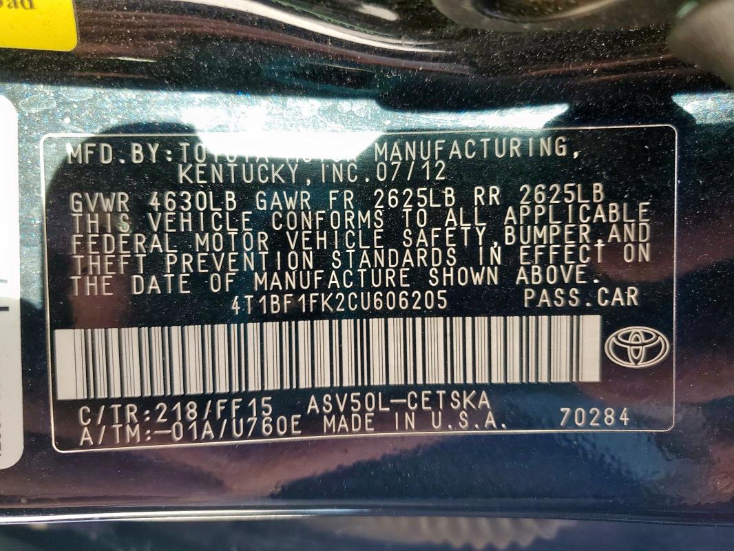 4T1BF1FK2CU606205 - 2012 TOYOTA CAMRY BASE BLACK photo 12