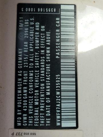 WVWFV7AJ2CW135025 - 2012 VOLKSWAGEN GTI WHITE photo 12