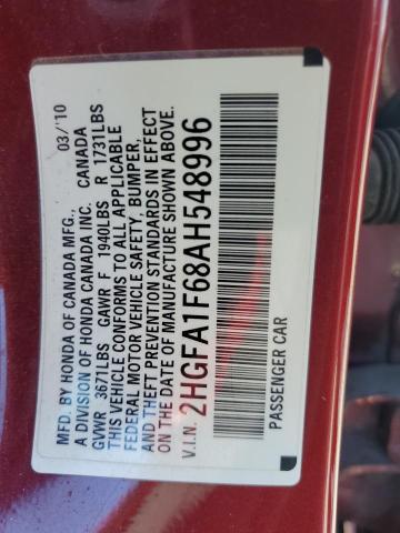 2HGFA1F68AH548996 - 2010 HONDA CIVIC LX-S მუქწითელი ფოტო 12