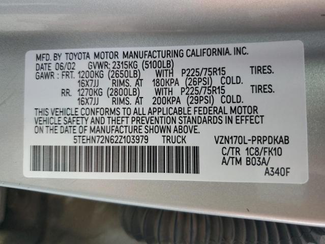 5TEHN72N62Z103979 - 2002 TOYOTA TACOMA DOUBLE CAB SILVER photo 12
