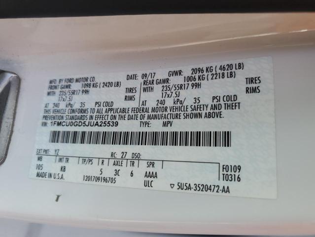 1FMCU0GD5JUA25539 - 2018 FORD ESCAPE SE Ақ фото 13