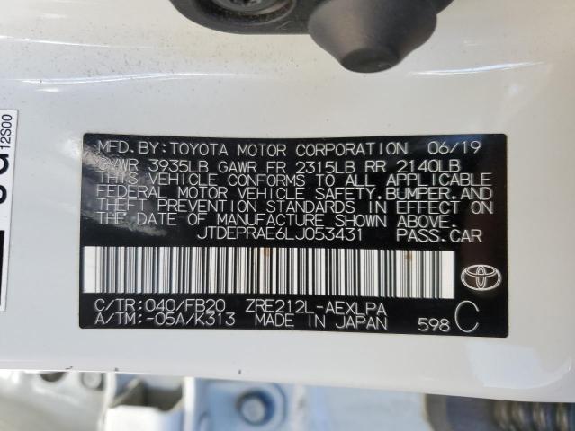 JTDEPRAE6LJ053431 - 2020 TOYOTA COROLLA LE WHITE photo 12