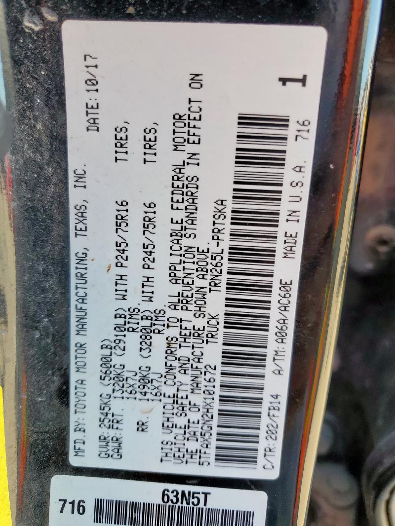 5TFAX5GN2HX101672 - 2017 TOYOTA TACOMA DOUBLE CAB 黑色 照片 12